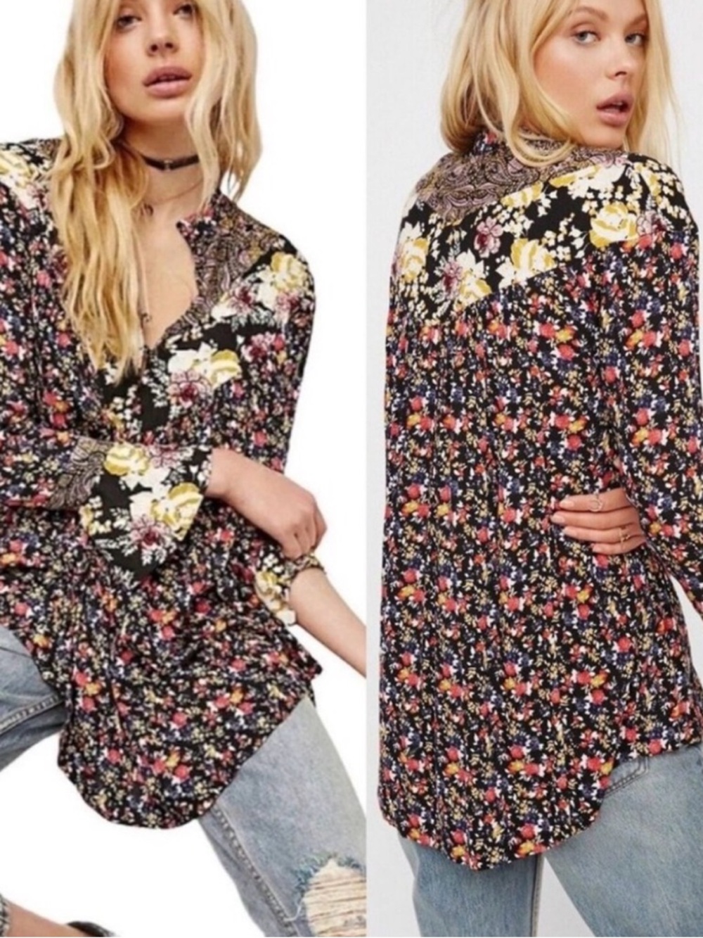 Free People Black Floral Peasant Tunic